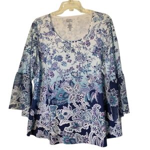 Croft & Barrow Floral Print T-shirt Peasant Blouse in Blues 1X EUC